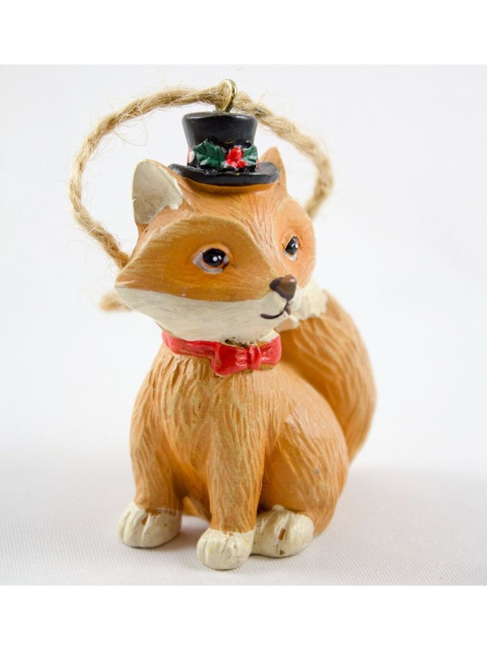 Fox With Top Hat Rustic Hanging Holiday Ornament Hand Painted Cast Resin 2.75"